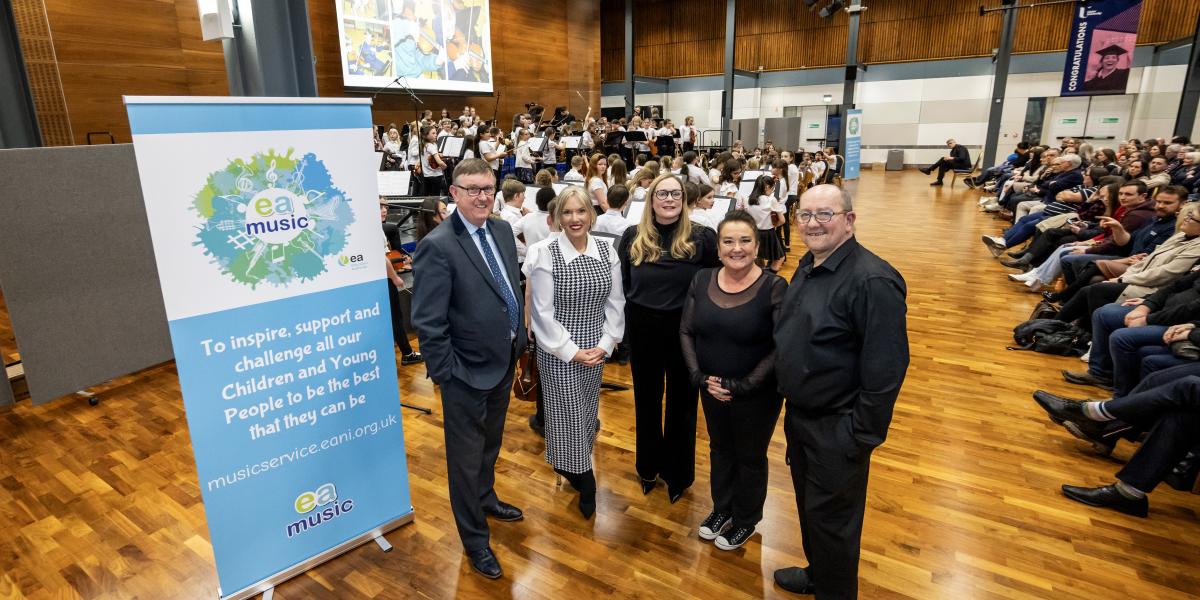 Pictured is EA Chairperson, Mervyn Storey; Chief Education Officer of the Education Authority, Eve Bremner; EA Music Deputy Head of Service, Jan Hutchinson, EA Music - Locality Lead (North), Janet Cooke and EA Music Locality Manager, Colin Elliot at EA Music Spring Gala at Ulster University Coleraine. 