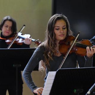 Nicola Benedetti and Andrea Gajic performing in the Education Authority Music Service Antrim sessions