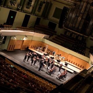 Junior chamber orchestra on stage at National Concert Hall, Dublin