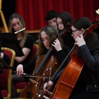 Cello section in youth orchestra concert