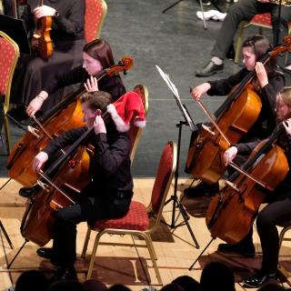 Cello section playing in youth orchestra concert