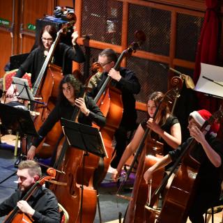 Double Bass section playing in youth orchestra concert