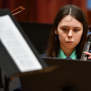 Cellist from Fermanagh Intermediate String Orchestra in concert