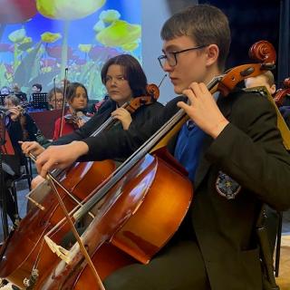 Cellist playing in orchestra concert