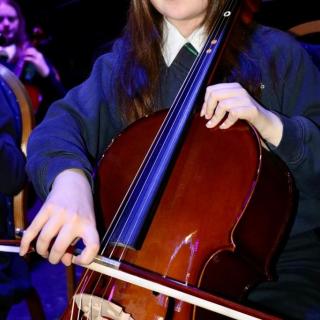 Cellist playing in orchestra concert