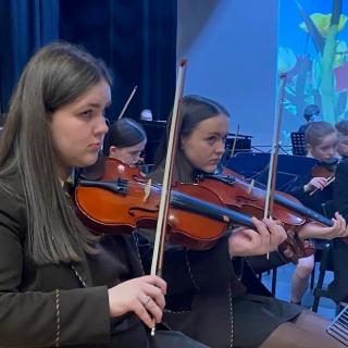 Viola player performing in string orchestra concert