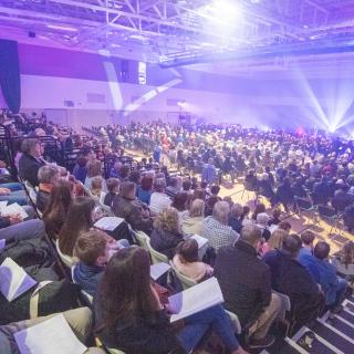 Audience and massed ensembles at concert in Craigavon